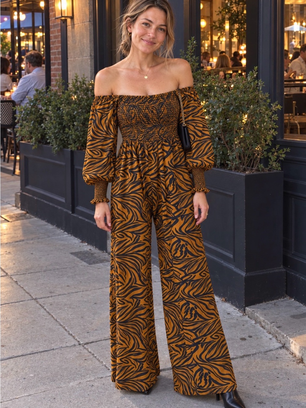 Smocked Tiger-Print Maxi Dress in Mustard and Black - Picture 4 of 5